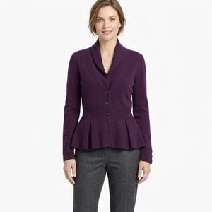 Tweeds Large Purple Pure Merino Wool Shawl Collar Pleated Peplum Button Cardigan